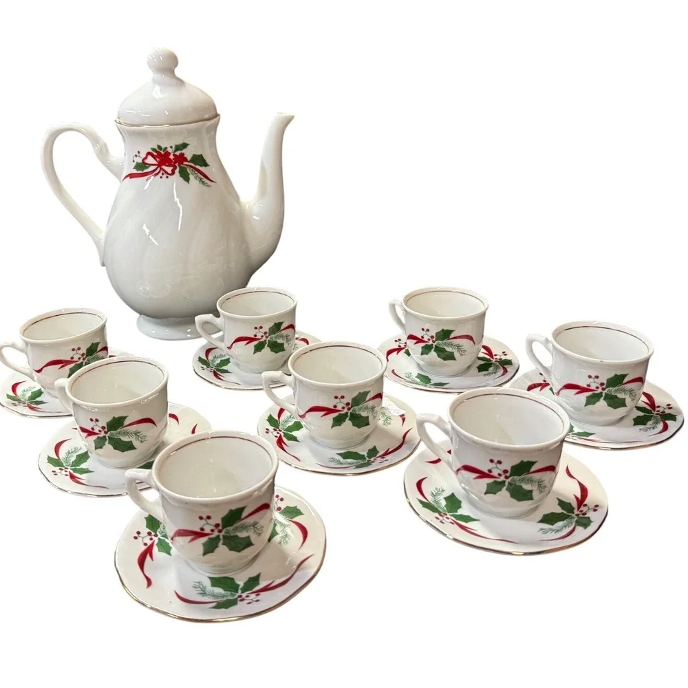 Victorian Holiday by Southington by Baum Brothers 17 Piece Saucer Teacup Teapot